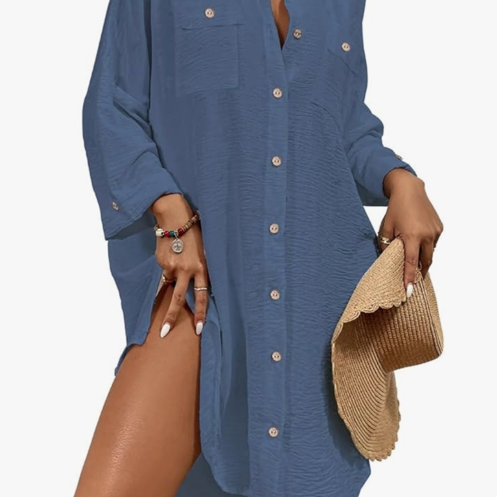 Blue Button-Up Swim Cover-Up